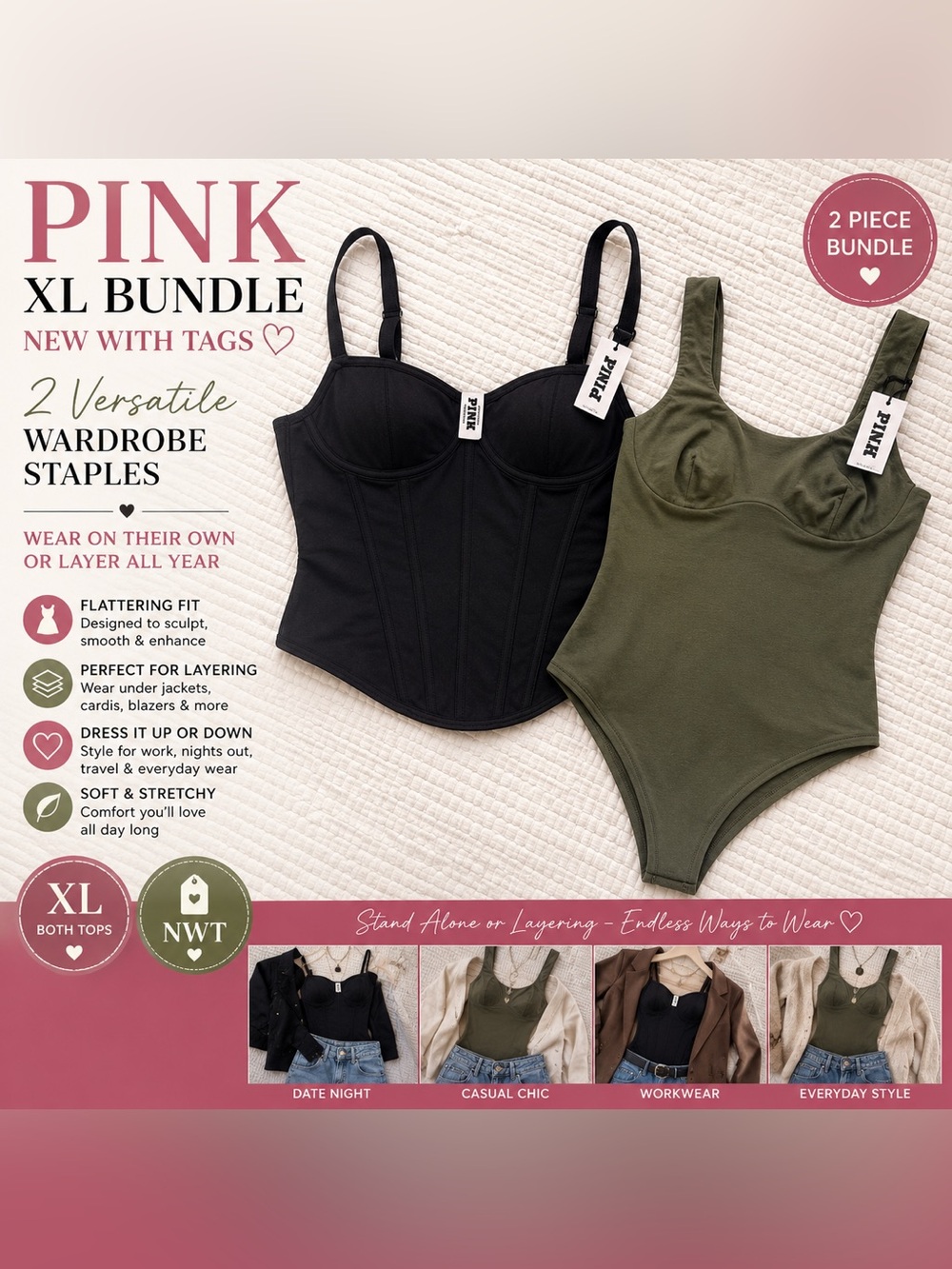 PINK XL Corset Cami & Olive Bodysuit Bundle NWT